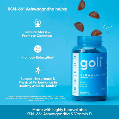 Goli Ashwagandha & Vitamin D Gummibärchen – Beerenmischung, KSM-66, vegan, pflanzlich, gentechnikfrei, glutenfrei und gelatinefrei.