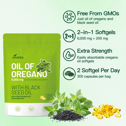Oregano Oil with Black Seed Oil (300 Capsules) | Natural Antioxidants | Nutrient Support | Highly Effective Herbal Supplement