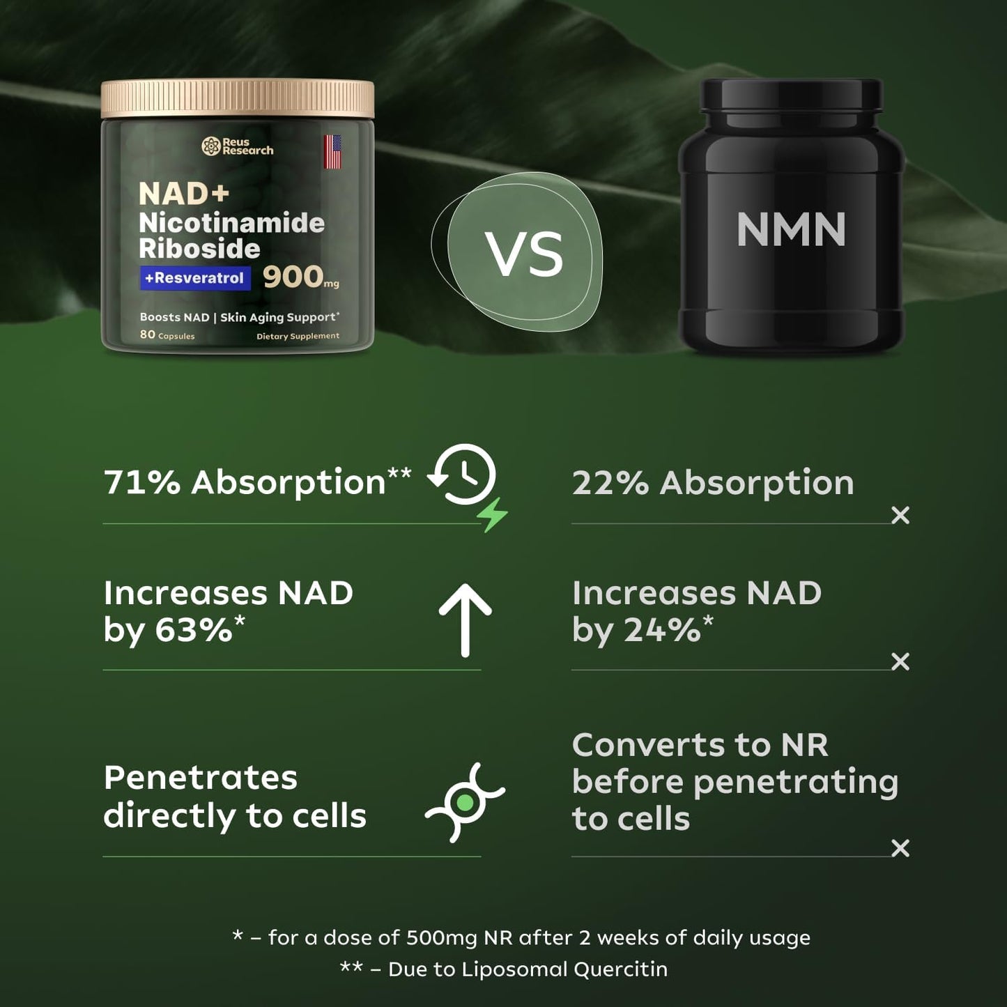 -Reus Research NR900 – NAD+ Nahrungsergänzungsmittel zur Unterstützung der Hautalterung, für mehr Energie und Konzentration – 80 Stück – Vitamin- und Wellness-Ergänzungsmittel